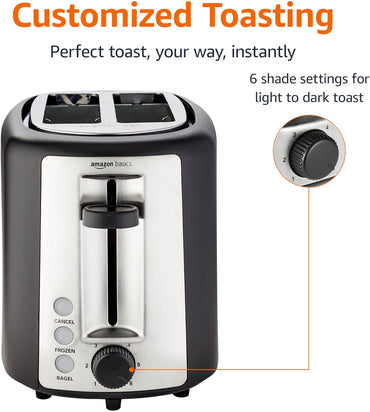 2 Slice Toaster, with 6 Browning Settings, Extra Wide Slots for Bagels and Special Breads, Removable Easy-To-Clean Crumb Tray, Cancel/Defrost/Bagel Buttons, 900W, Black & Silver