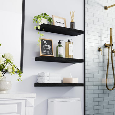 Floating Shelves for Wall, Wall Mounted Rustic Wood Shelves for Bathroom, Bedroom, Living Room, Kitchen, Hanging Shelf for Books/Storage/Room Decor with 22Lbs Capacity (Black, Set of 3, 15.7In)