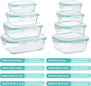 8 Pack Glass Food Storage Containers with Airtight Lids, Glass Meal Prep Containers, Lunch Office Meal for Microwave, Oven, Freezer and Dishwasher, BPA Free