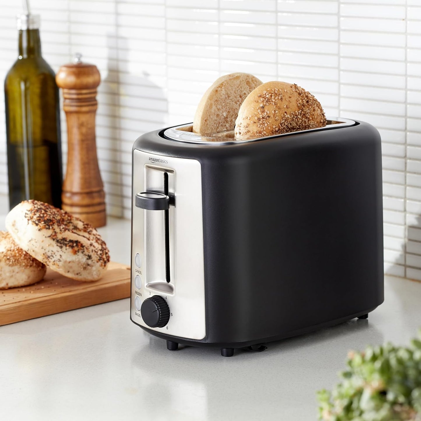2 Slice Toaster, with 6 Browning Settings, Extra Wide Slots for Bagels and Special Breads, Removable Easy-To-Clean Crumb Tray, Cancel/Defrost/Bagel Buttons, 900W, Black & Silver