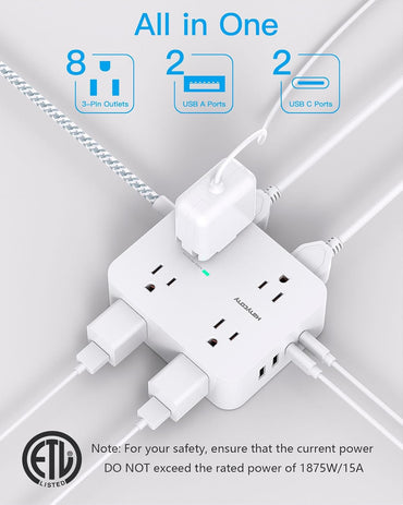 Surge Protector Power Strip - 8 Outlets 4 USB (2 USB C) Charging Ports, Multi Plug Outlet Extender, 5Ft Braided Extension Cord, Flat Plug Wall Mount Desk Charging Station for Home Office ETL