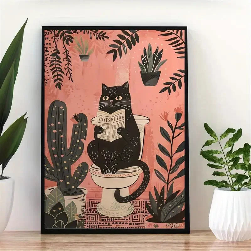 Art Quote You Are Pooping Black Cat Kitten Reading Newspaper in Toilet Funny Animal Poster Retro Art Living Room Decoration