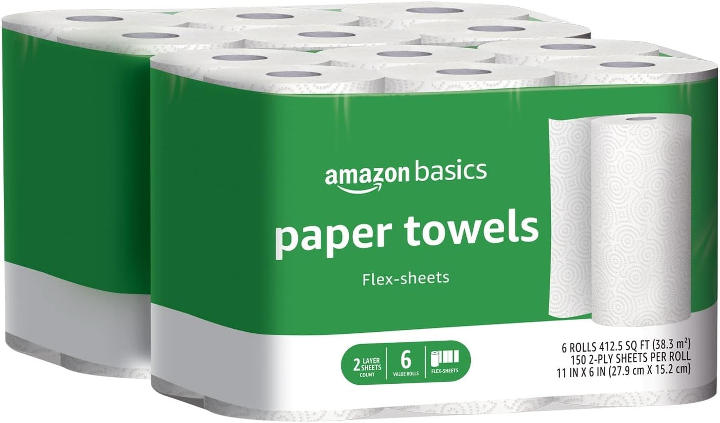 2-Ply Flex-Sheets Paper Towels, 12 Basics Rolls = 32 Regular Rolls, Everyday Value with 150 Sheets per Roll