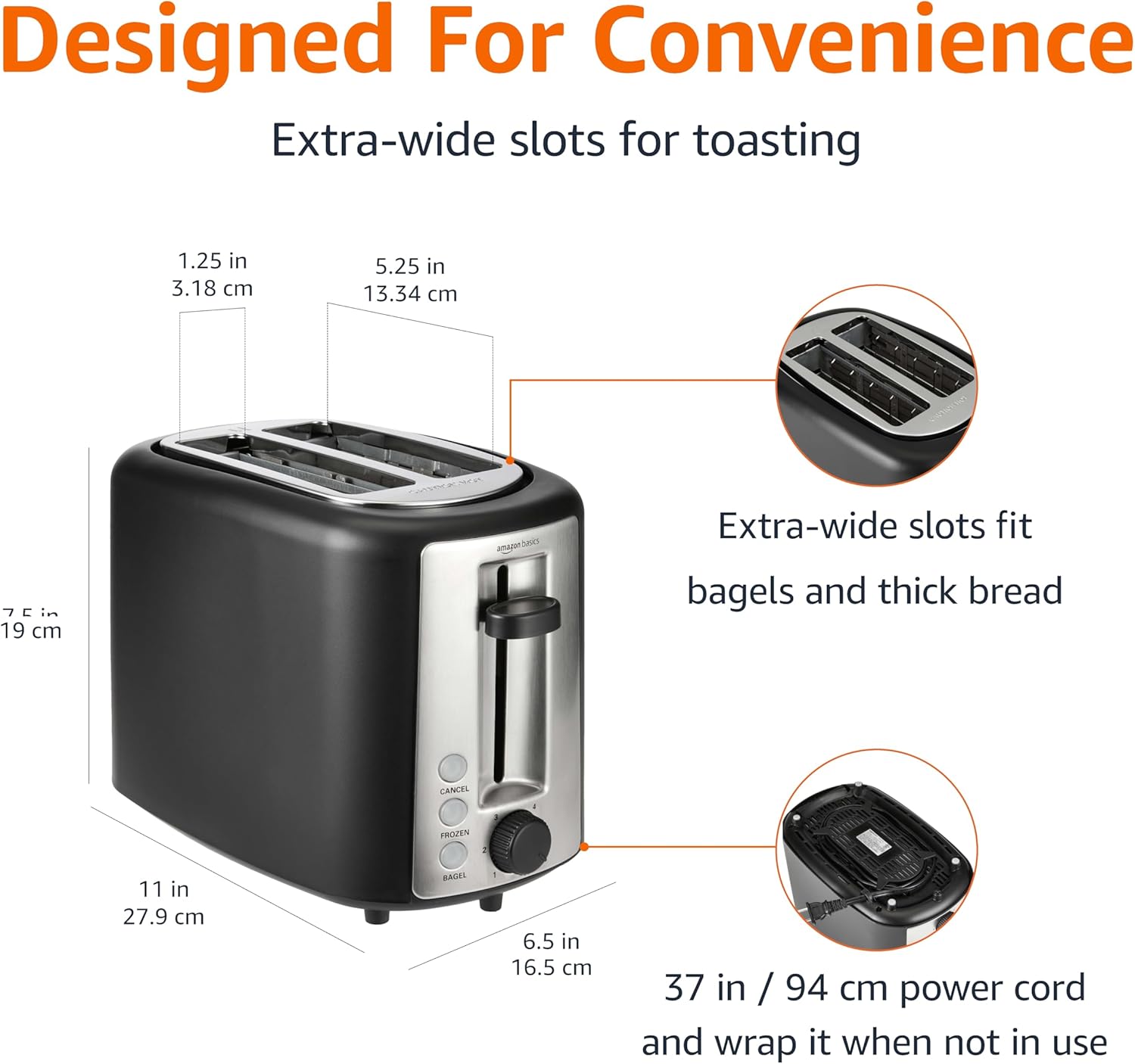 2 Slice Toaster, with 6 Browning Settings, Extra Wide Slots for Bagels and Special Breads, Removable Easy-To-Clean Crumb Tray, Cancel/Defrost/Bagel Buttons, 900W, Black & Silver