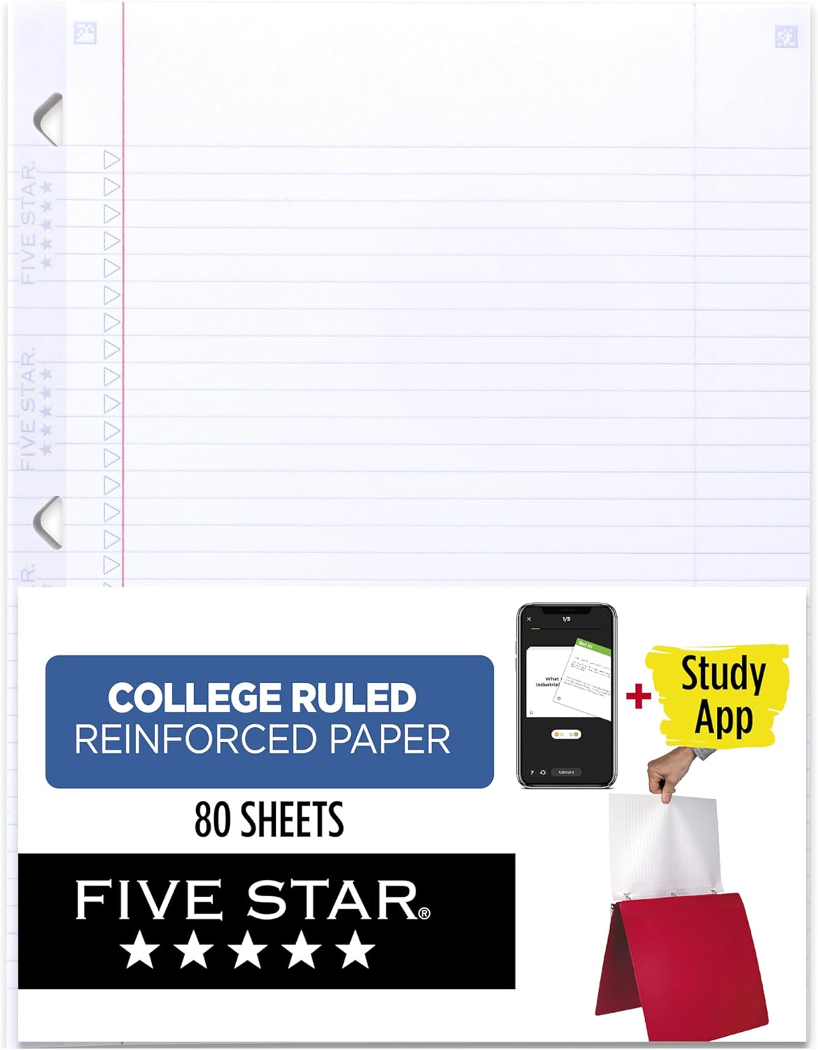 Loose Leaf Paper + Study App, College Ruled Filler Notebook Paper, Reinforced, Fights Ink Bleed, 8-1/2" X 11", 80 Sheets (170102)