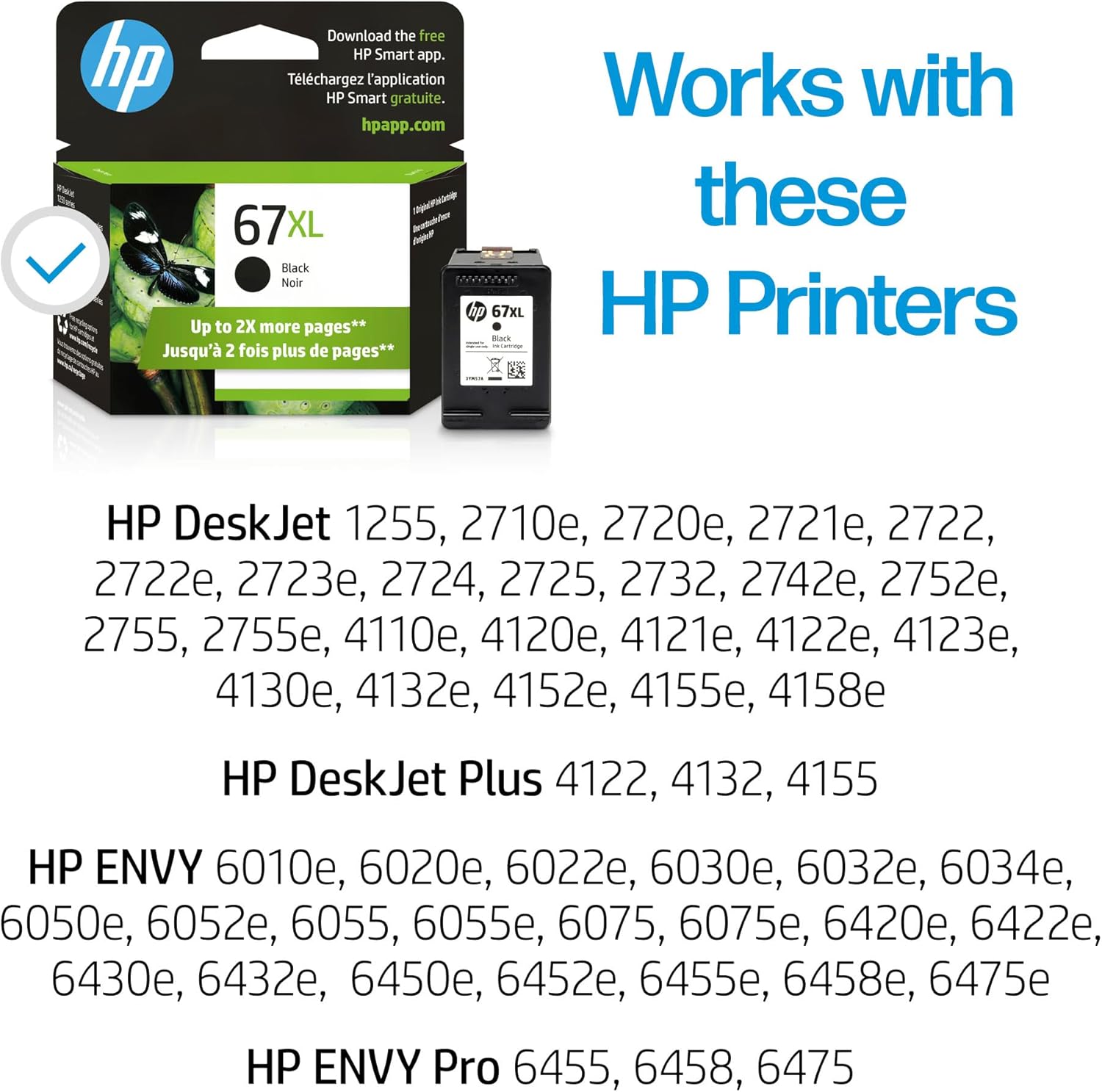 67XL Black High-Yield Ink Cartridge | Works with  Deskjet 1255, 2700, 4100 Series,  ENVY 6000, 6400 Series | Eligible for Instant Ink | One Size | 3YM57AN