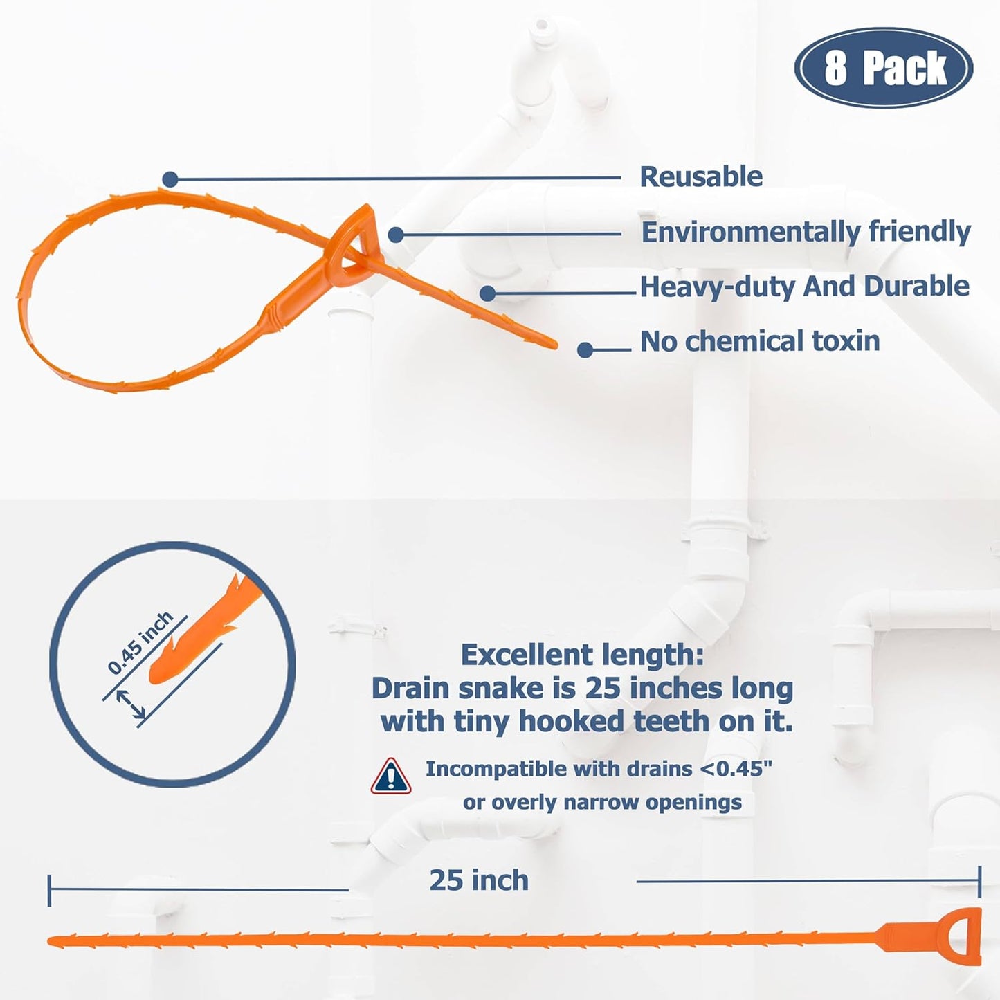 8 Pack 25Inch Drain Snake Clog Remover, Drain Hair Remover, Sink Snake Drain Auger Cleaner Tool for Bath Tub, Toilet, Kitchen Sink, Sewer