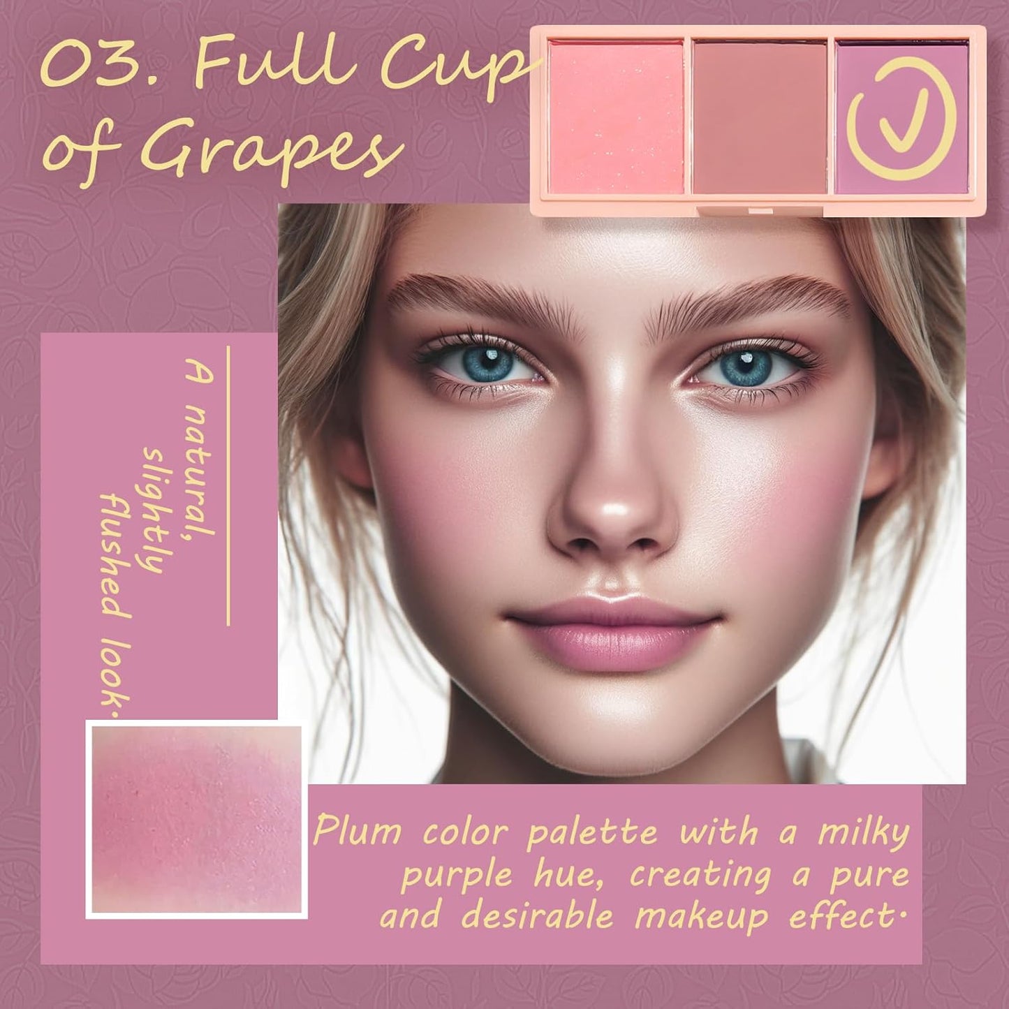 3 Color Matte Pink Blush Palette with Brush, Long Lasting Cheek Makeup, Light and Smooth Blush Powder for Face Beauty