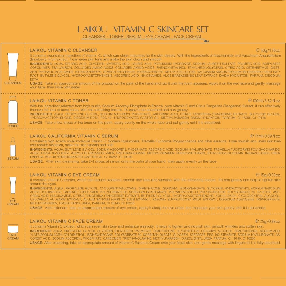 Skin Care Set Vitamin C Women Beauty Gift Sets Skin Care Kit with Cleanser, Toner, Serum, Eye Cream, Face Cream Travel Kit for Women Teen Girls Mom Daughter Birthday Tsa-Friendly Sizes 5Pcs