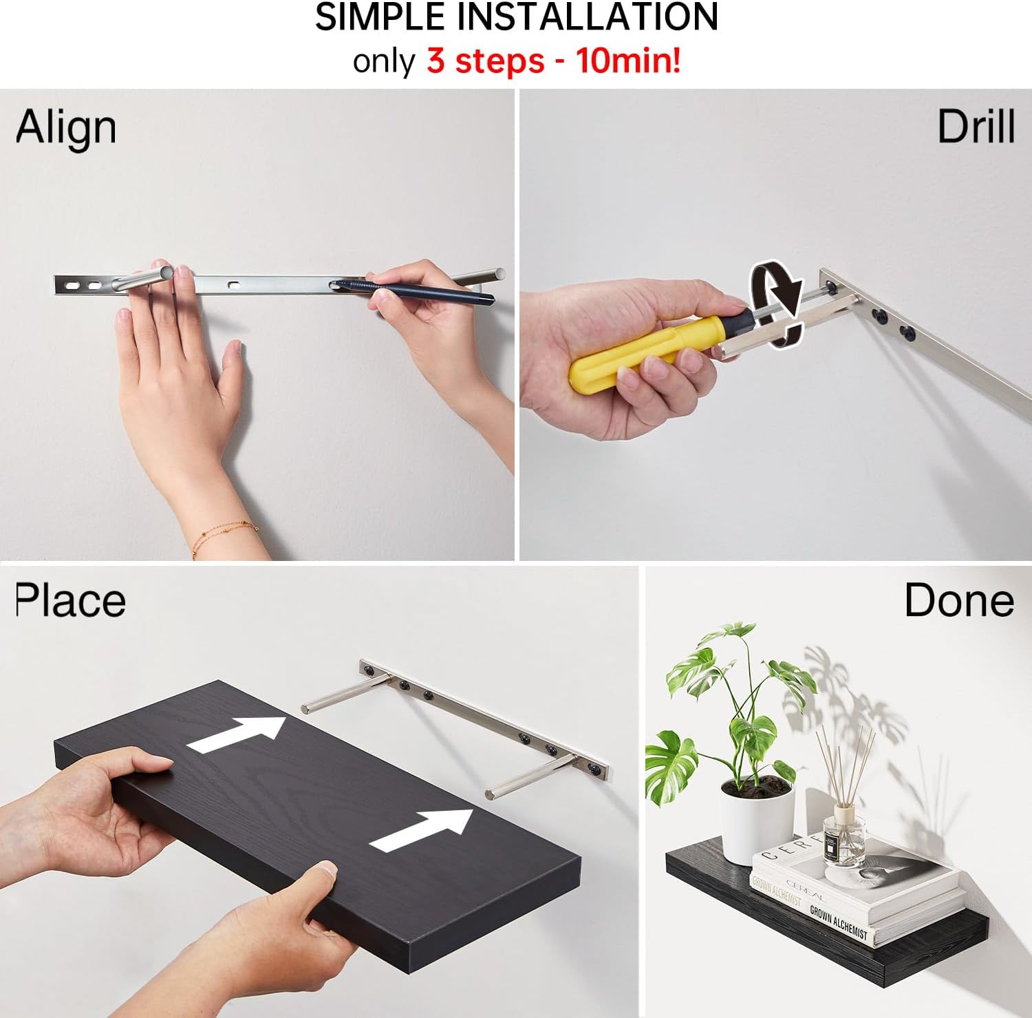 Floating Shelves for Wall, Wall Mounted Rustic Wood Shelves for Bathroom, Bedroom, Living Room, Kitchen, Hanging Shelf for Books/Storage/Room Decor with 22Lbs Capacity (Black, Set of 3, 15.7In)