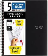 Spiral Notebook + Study App, 5 Subject, College Ruled Paper, 8-1/2" X 11", 200 Sheets, Fights Ink Bleed, Water Resistant Cover, Black (72081)