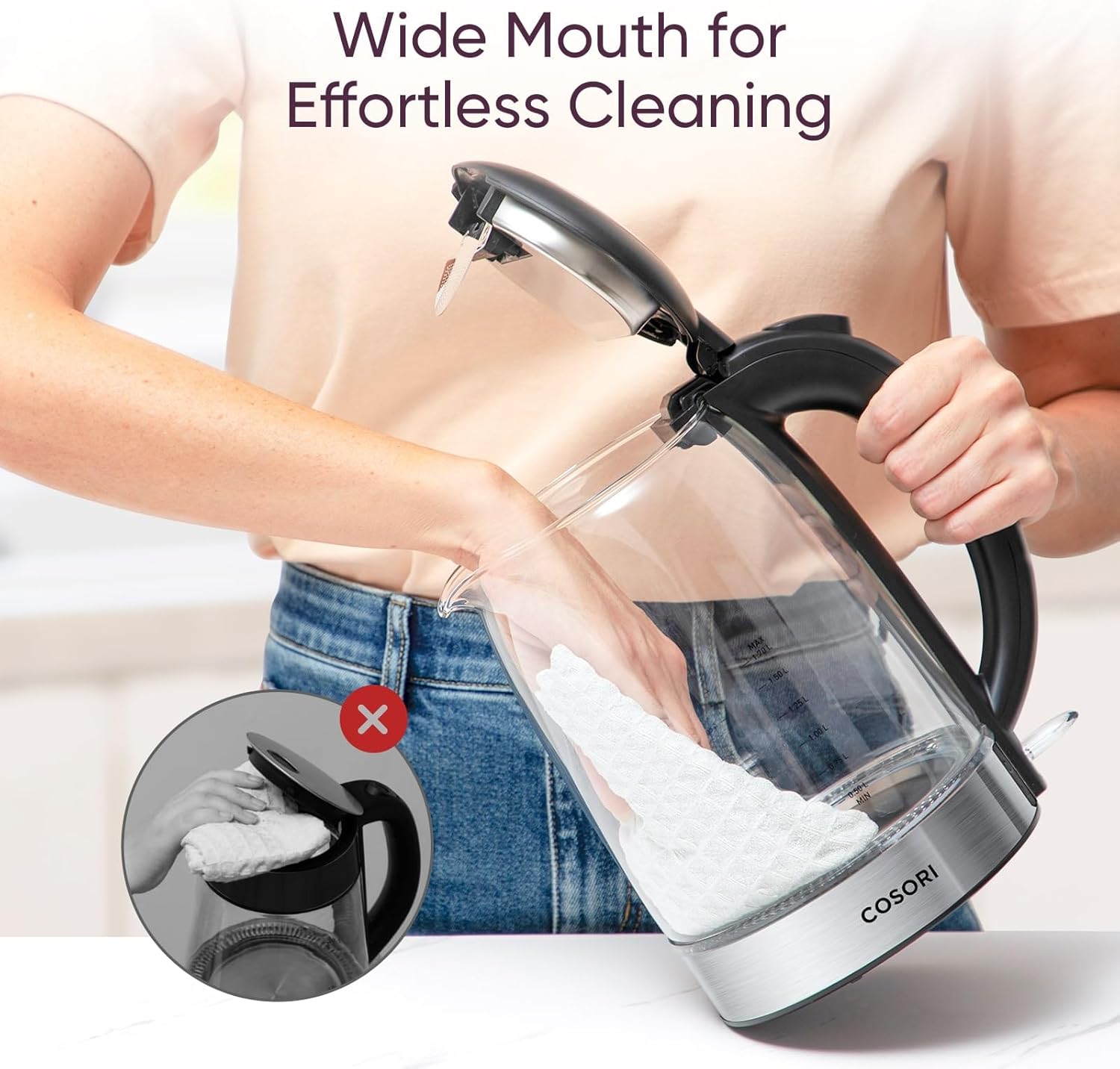 Electric Kettle, No Plastic Filter & Spout, 1.7L Tea Kettle & Hot Water Boiler for Coffee & Tea, Water Heater & Teapot, Automatic Shut Off, Borosilicate Glass, Black, 1500W