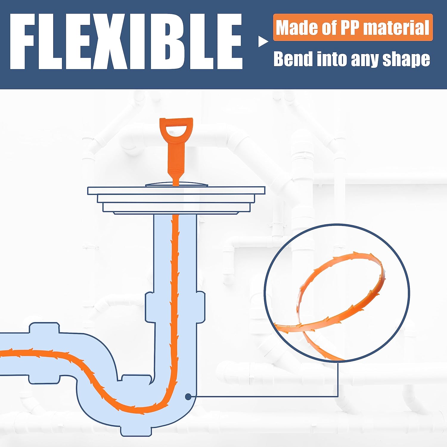 8 Pack 25Inch Drain Snake Clog Remover, Drain Hair Remover, Sink Snake Drain Auger Cleaner Tool for Bath Tub, Toilet, Kitchen Sink, Sewer