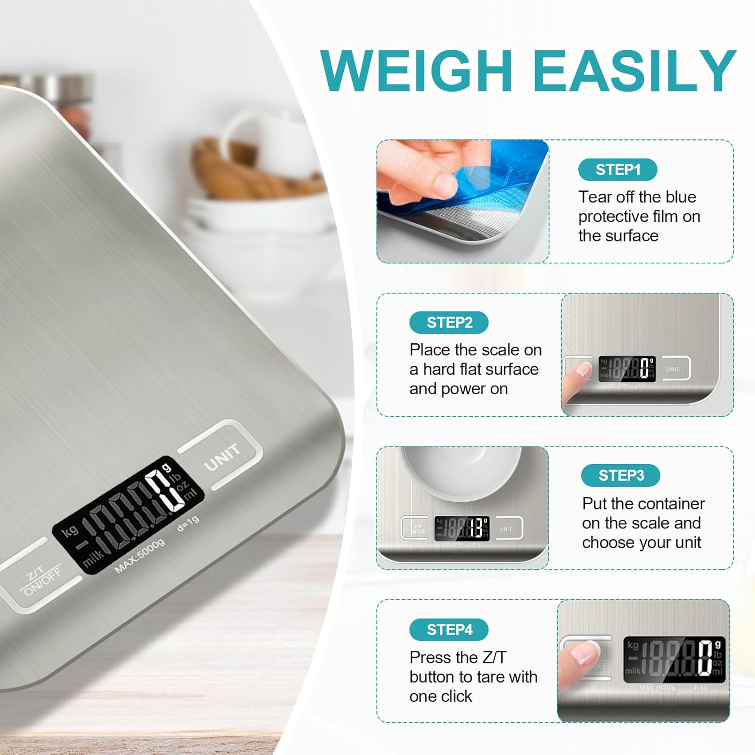 Food Scale, 11Lb Kitchen Scale with 6 Units Tare Function & LCD Display, 0.05Oz/1G Stainless Steel Digital Food Scale Grams and Ounces for Baking, Cooking, Dieting and Meal Prep (Batteries Included)