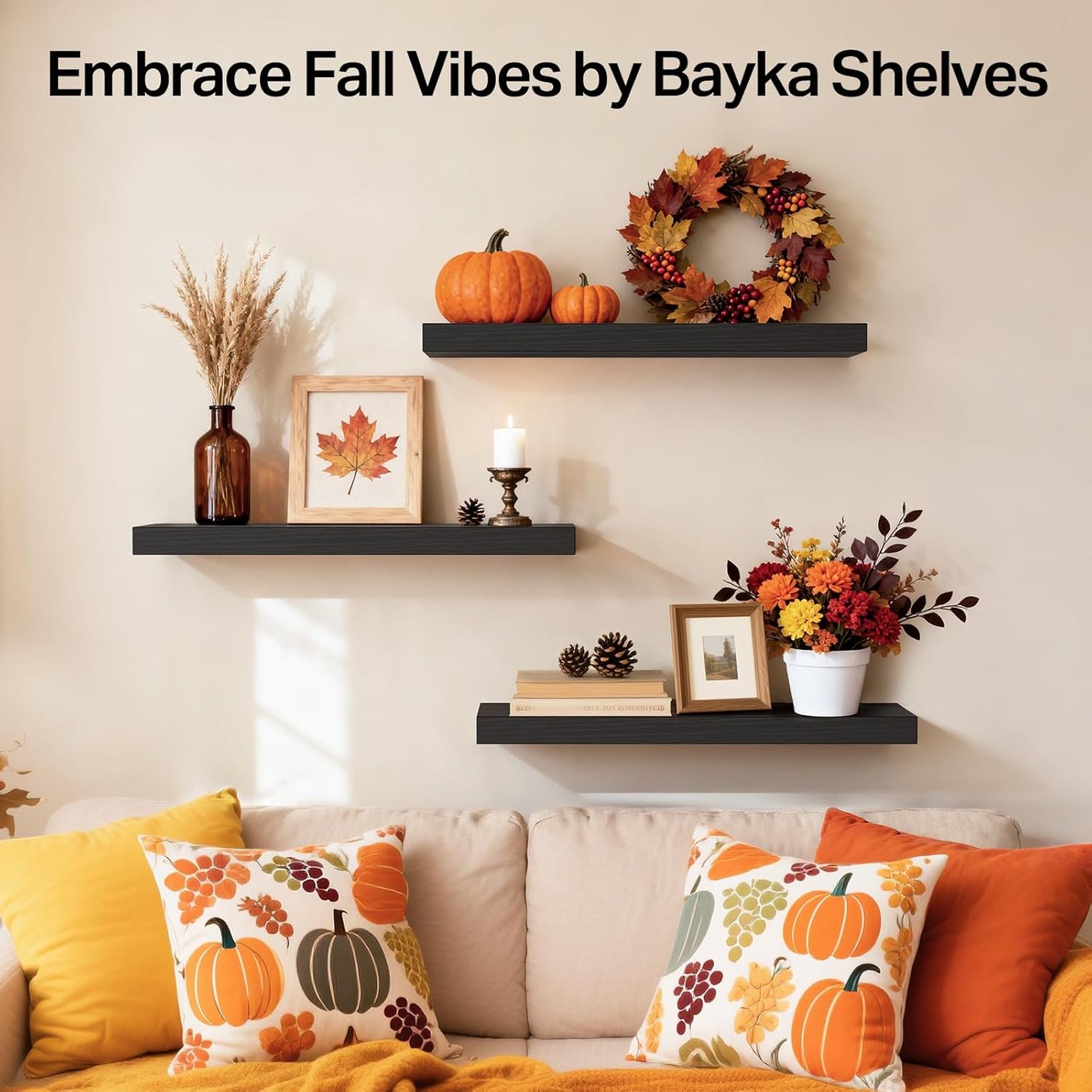 Floating Shelves for Wall, Wall Mounted Rustic Wood Shelves for Bathroom, Bedroom, Living Room, Kitchen, Hanging Shelf for Books/Storage/Room Decor with 22Lbs Capacity (Black, Set of 3, 15.7In)