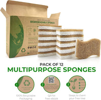 Biodegradable Natural Kitchen Sponge - Compostable Cellulose and Coconut Walnut Scrubber Sponge (12 Pack)