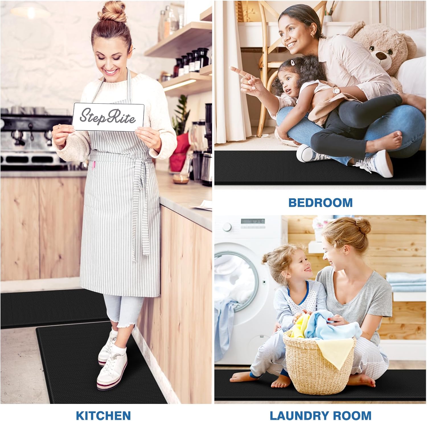 Kitchen Mats, 2PCS Kitchen Rugs, Cushioned anti Fatigue Kitchen Mats for Floor, Non-Slip Standing Desk Mat, Waterproof Kitchen Rug Set for Kitchen, Floor, Office, 17.3"X30"+17.3"X47", Black