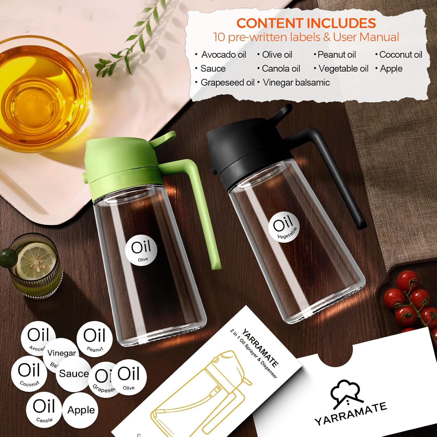 16Oz/470Ml Glass Olive Oil Sprayer for Cooking with Stickers, 2 in 1 Oil Dispenser for Kitchen Gadgets, Food Grade Premium Spray Bottle with Portion Control for Salad, Frying, BBQ (Black)