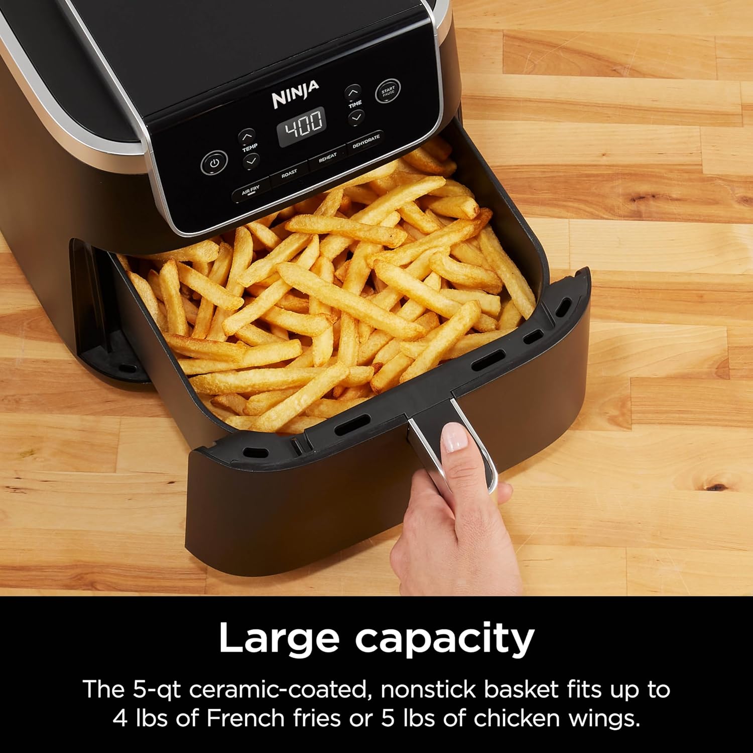 | Air Fryer | 4-In-1 Pro Air Fry, Roast, Reheat, Dehydrate | 5QT Capacity Fits up to 4Lbs of French Fries | 400F Max Temp | Nonstick Basket & Crisper Plate | 120V | Grey | AF141