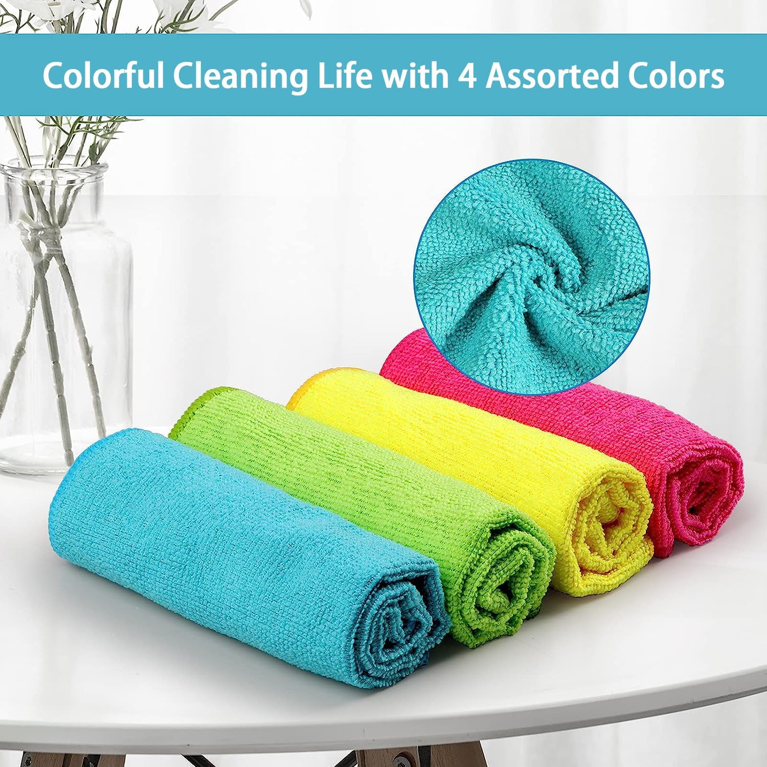 Microfiber Cleaning Cloth,12 Pack Cleaning Rags, Cleaning Towels with 4 Color Assorted, 11.5"X11.5"(Green/Blue/Yellow/Pink)