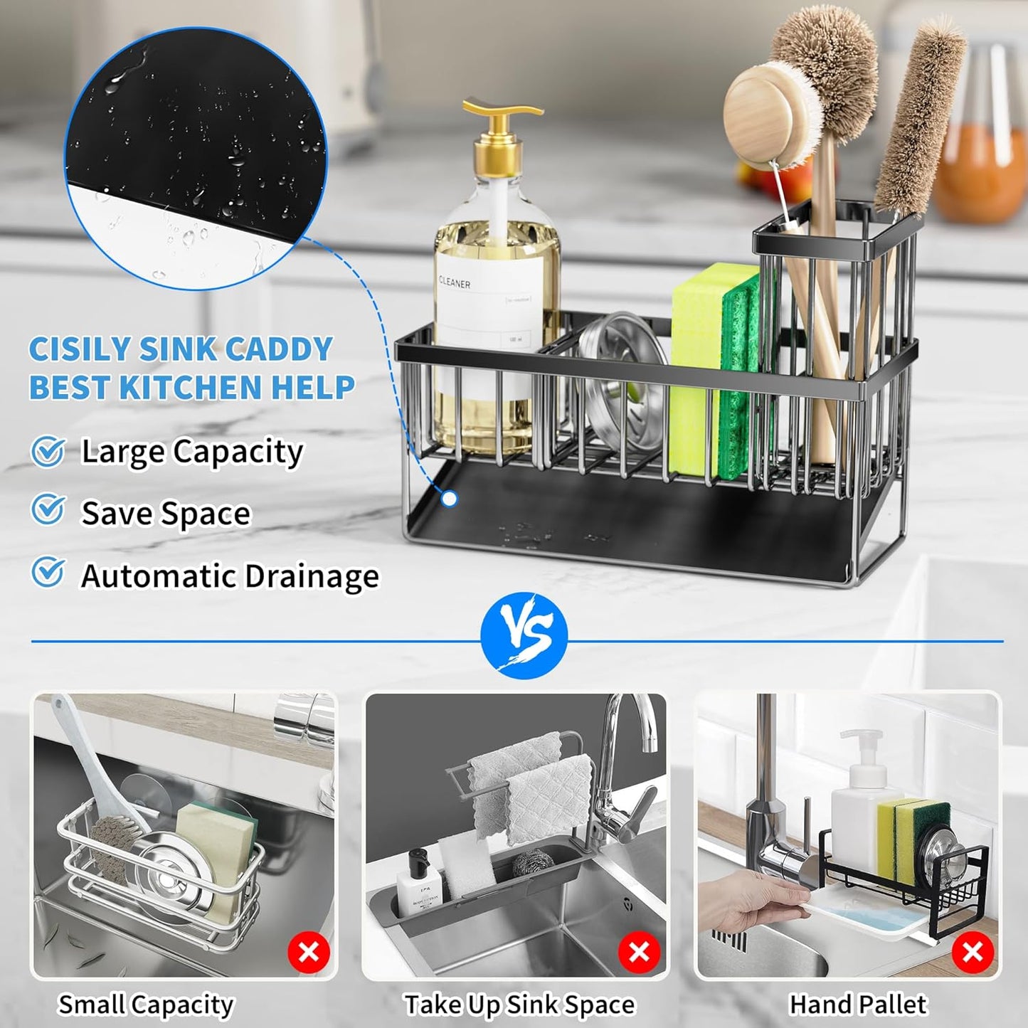 Kitchen Sink Caddy Organzier with High Brush Holder, Sponge Holder for Sink, 304 Rustproof Stainless, Kitchen Countertop Soap Dispenser Organizer, Kitchen Decor and Accessories