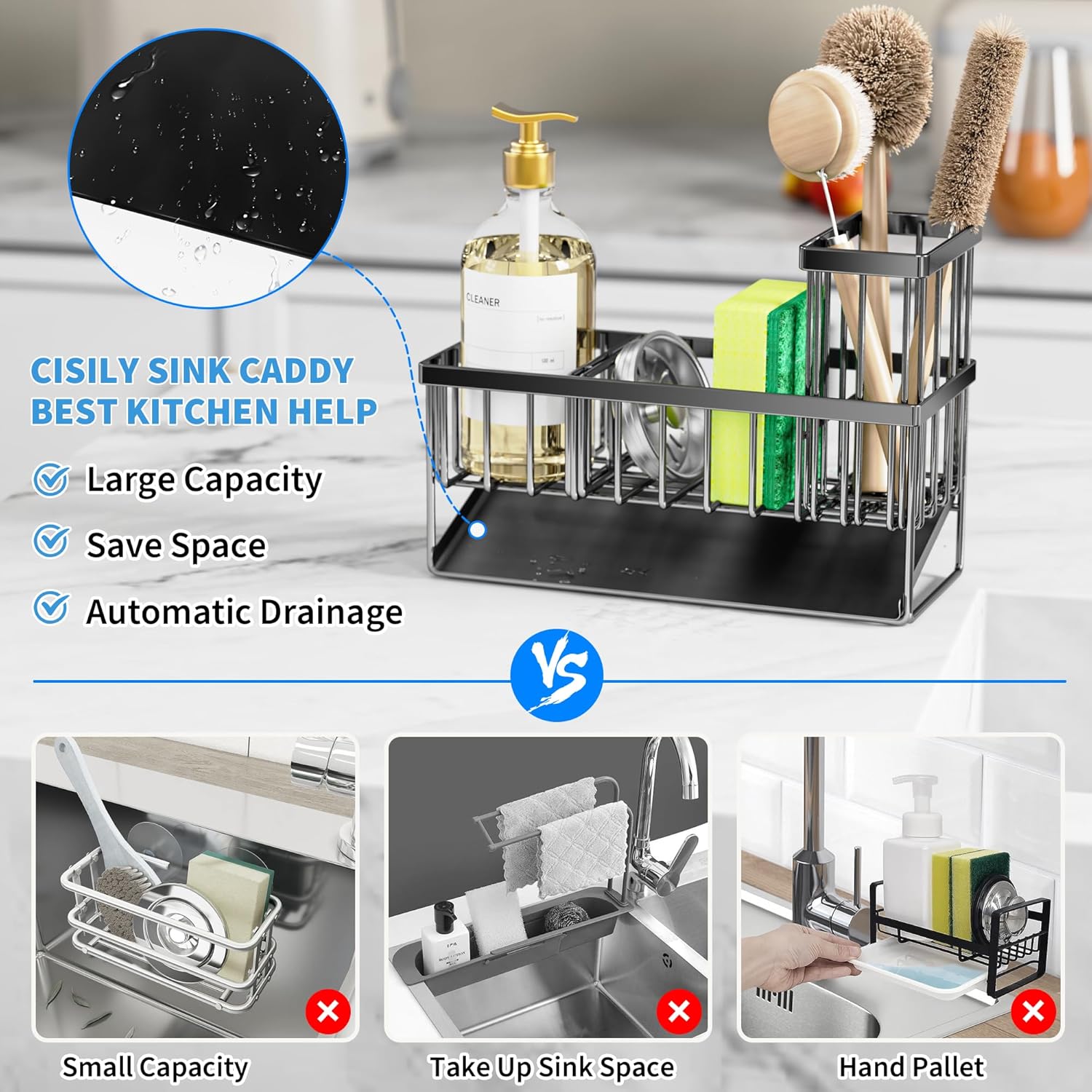 Kitchen Sink Caddy Organzier with High Brush Holder, Sponge Holder for Sink, 304 Rustproof Stainless, Kitchen Countertop Soap Dispenser Organizer, Kitchen Decor and Accessories