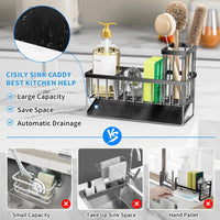 Kitchen Sink Caddy Organzier with High Brush Holder, Sponge Holder for Sink, 304 Rustproof Stainless, Kitchen Countertop Soap Dispenser Organizer, Kitchen Decor and Accessories