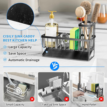 Kitchen Sink Caddy Organzier with High Brush Holder, Sponge Holder for Sink, 304 Rustproof Stainless, Kitchen Countertop Soap Dispenser Organizer, Kitchen Decor and Accessories