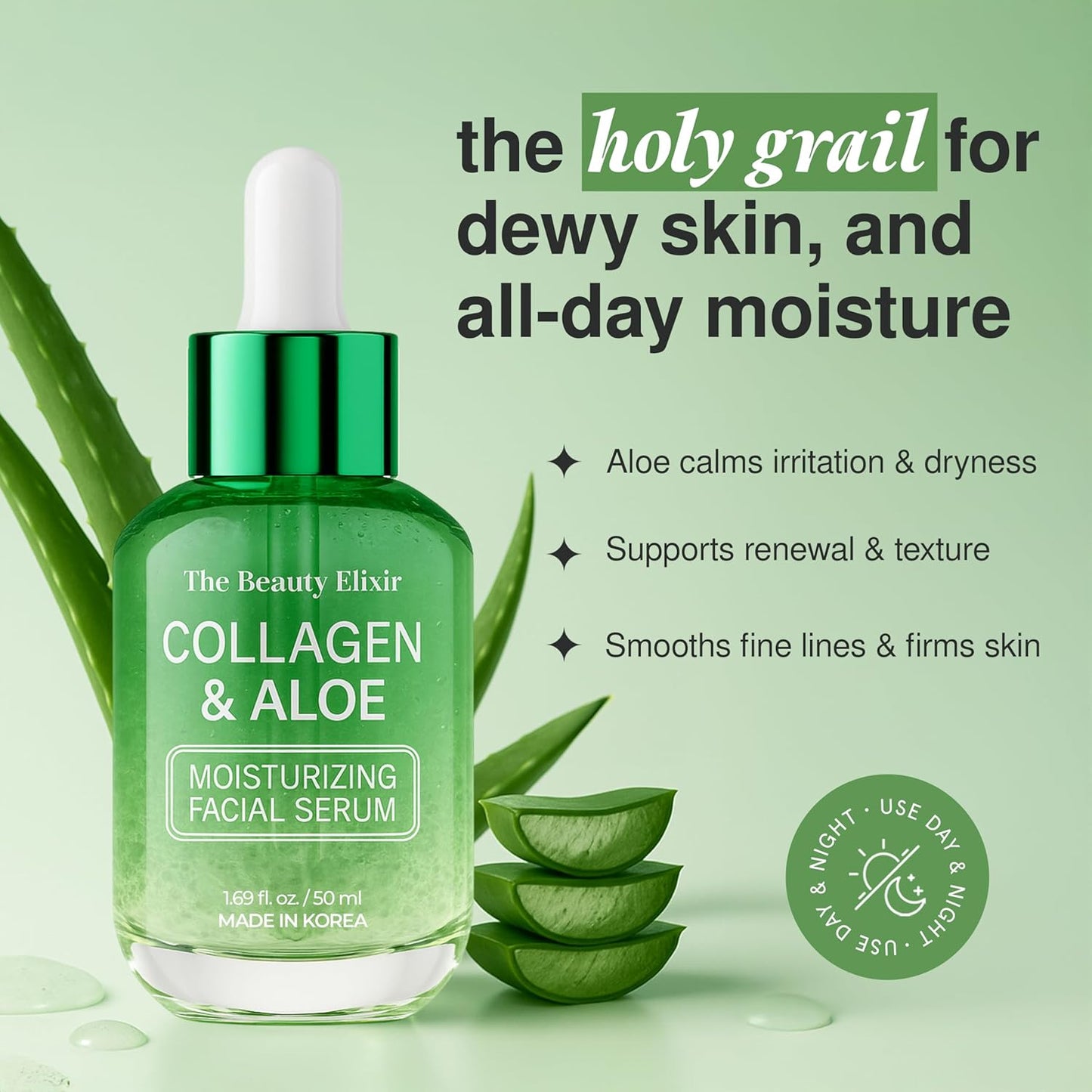 Aloe & Collagen Serum for Face - Dermatologist Tested, Anti-Aging, Ultra Hydrating Aloe Vera Gel for Face - Natural Ingredients, Clean Beauty, Cruelty-Free Korean Skin Care - 1.69 Oz