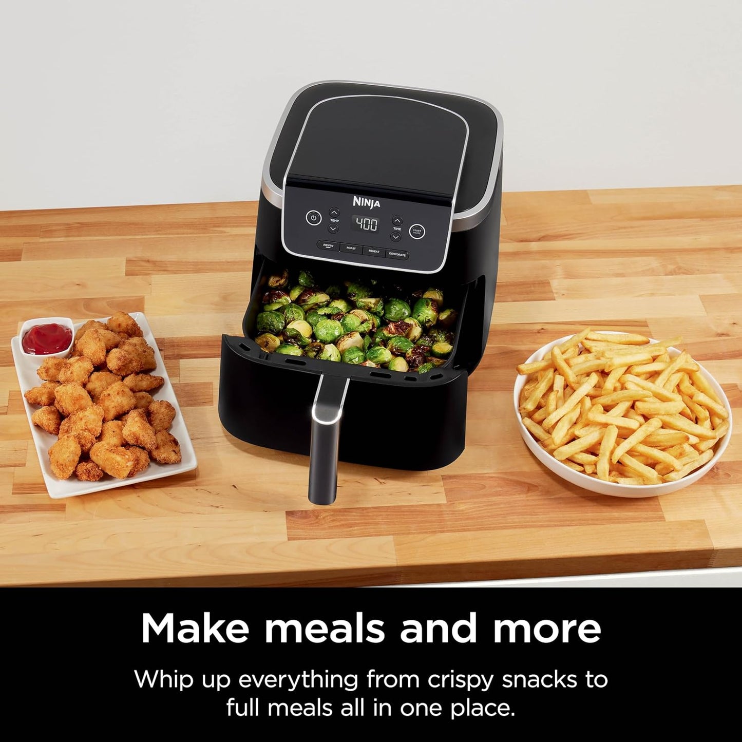 | Air Fryer | 4-In-1 Pro Air Fry, Roast, Reheat, Dehydrate | 5QT Capacity Fits up to 4Lbs of French Fries | 400F Max Temp | Nonstick Basket & Crisper Plate | 120V | Grey | AF141