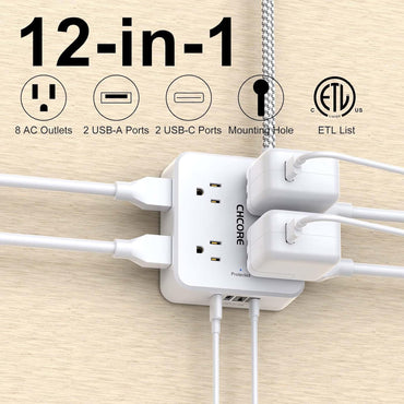 Surge Protector Power Strip -  5Ft Braided Extension Cord with 8 Outlets with 4 USB (2 USB C) Charging Ports, Flat Plug Multi Plug Outlet Extender Charging Station for Home Office, ETL, White