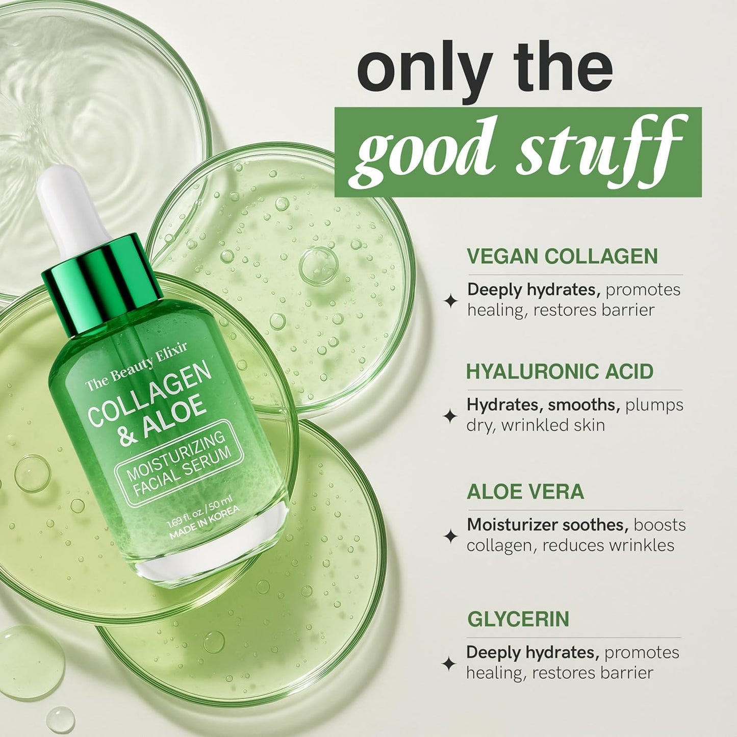 Aloe & Collagen Serum for Face - Dermatologist Tested, Anti-Aging, Ultra Hydrating Aloe Vera Gel for Face - Natural Ingredients, Clean Beauty, Cruelty-Free Korean Skin Care - 1.69 Oz