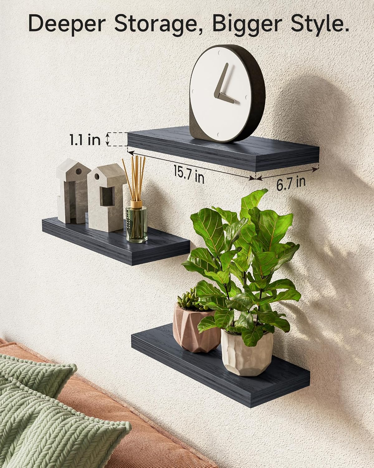 Floating Shelves for Wall, Wall Mounted Rustic Wood Shelves for Bathroom, Bedroom, Living Room, Kitchen, Hanging Shelf for Books/Storage/Room Decor with 22Lbs Capacity (Black, Set of 3, 15.7In)