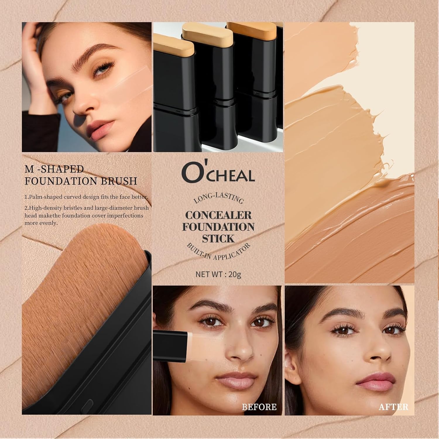 Face Foundation Contour Stick Long-Wear Lightweight Brighten Stick Blemish Contouring Face Concealer Beauty Makeup 02#NATURAL
