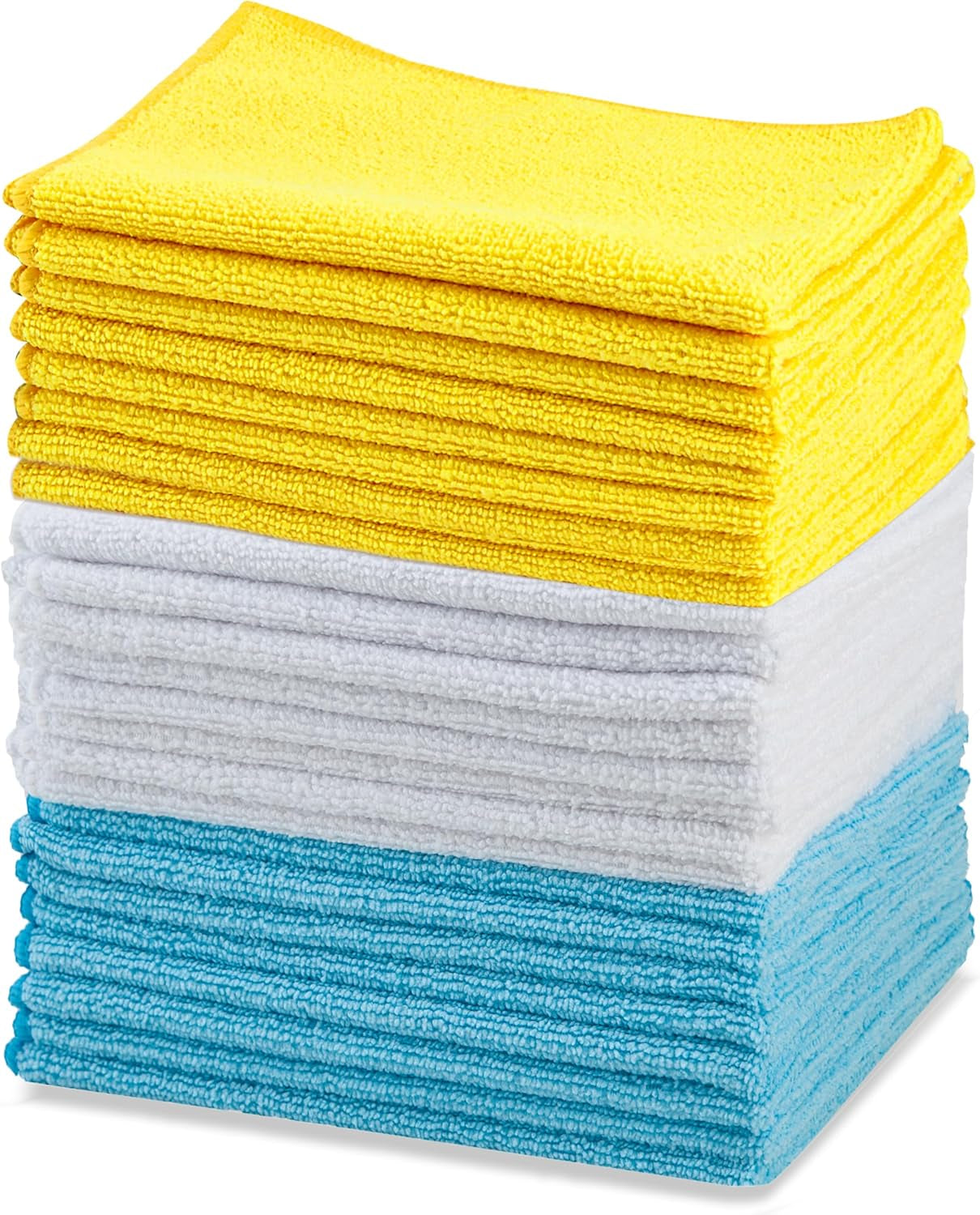Microfiber Cleaning Cloths, Ultra Absorbent, Lint Free, Streak Free, Non-Abrasive, Reusable and Washable, 16" X 12", Blue/White/Yellow, Pack of 24