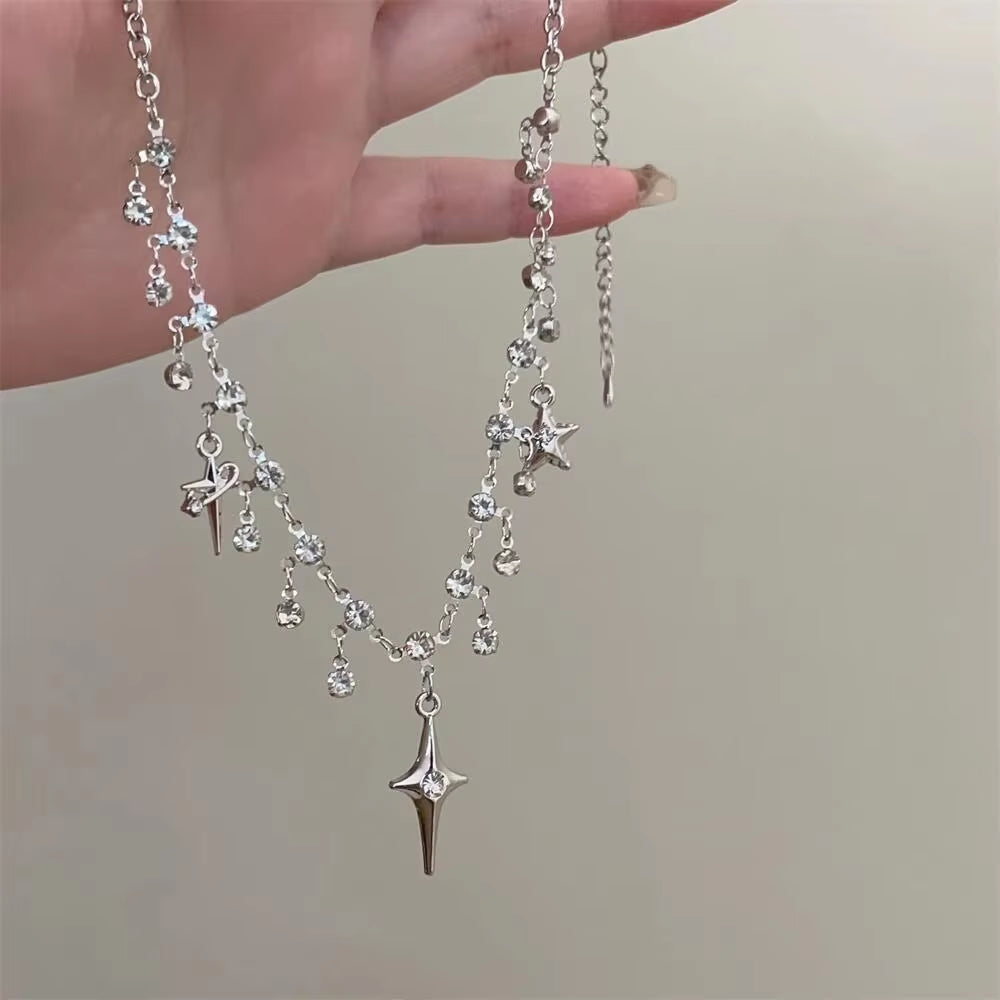 Fashion Chic Cross Crystal Zircon Pendant Tassel Necklace for Women Girls Clavicle Chain Accessories Aesthetic Y2K Jewelry