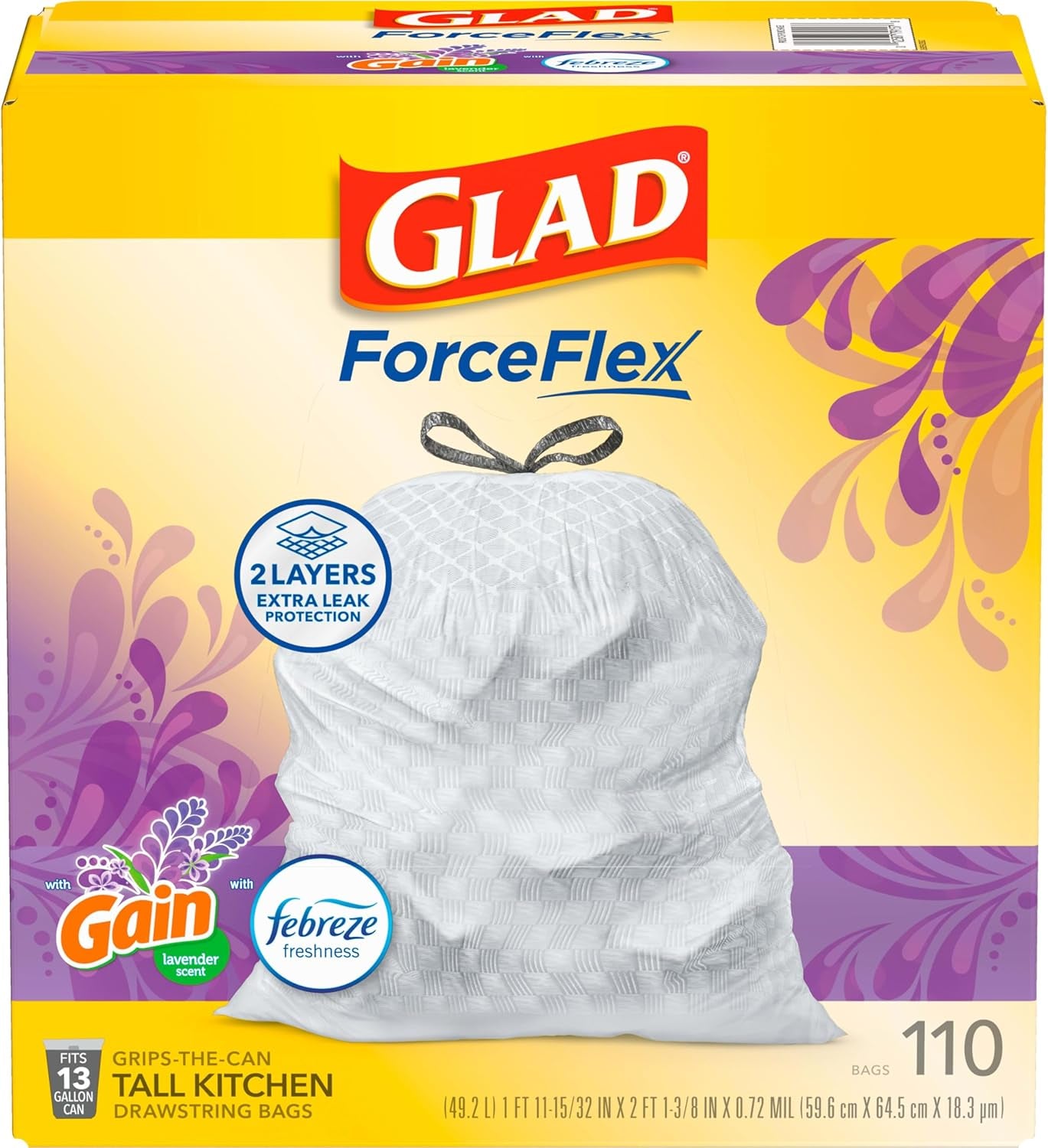 Forceflex Tall Kitchen Trash Bags, 13 Gallon, Gain Lavender, 110 Count (Package May Vary)