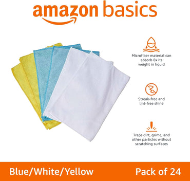 Microfiber Cleaning Cloths, Ultra Absorbent, Lint Free, Streak Free, Non-Abrasive, Reusable and Washable, 16" X 12", Blue/White/Yellow, Pack of 24